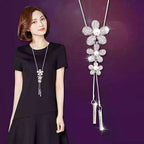 Flower Pearl Cz Silver Western Dress Wear Sweater Long Chain Necklace