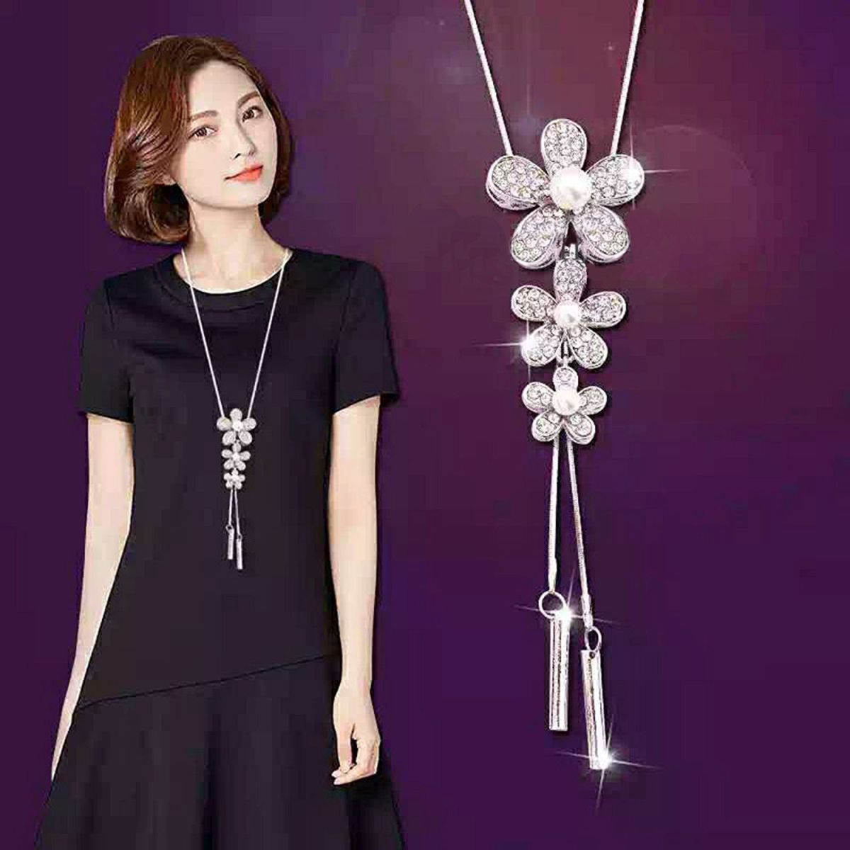 Flower Pearl Cz Silver Western Dress Wear Sweater Long Chain Necklace