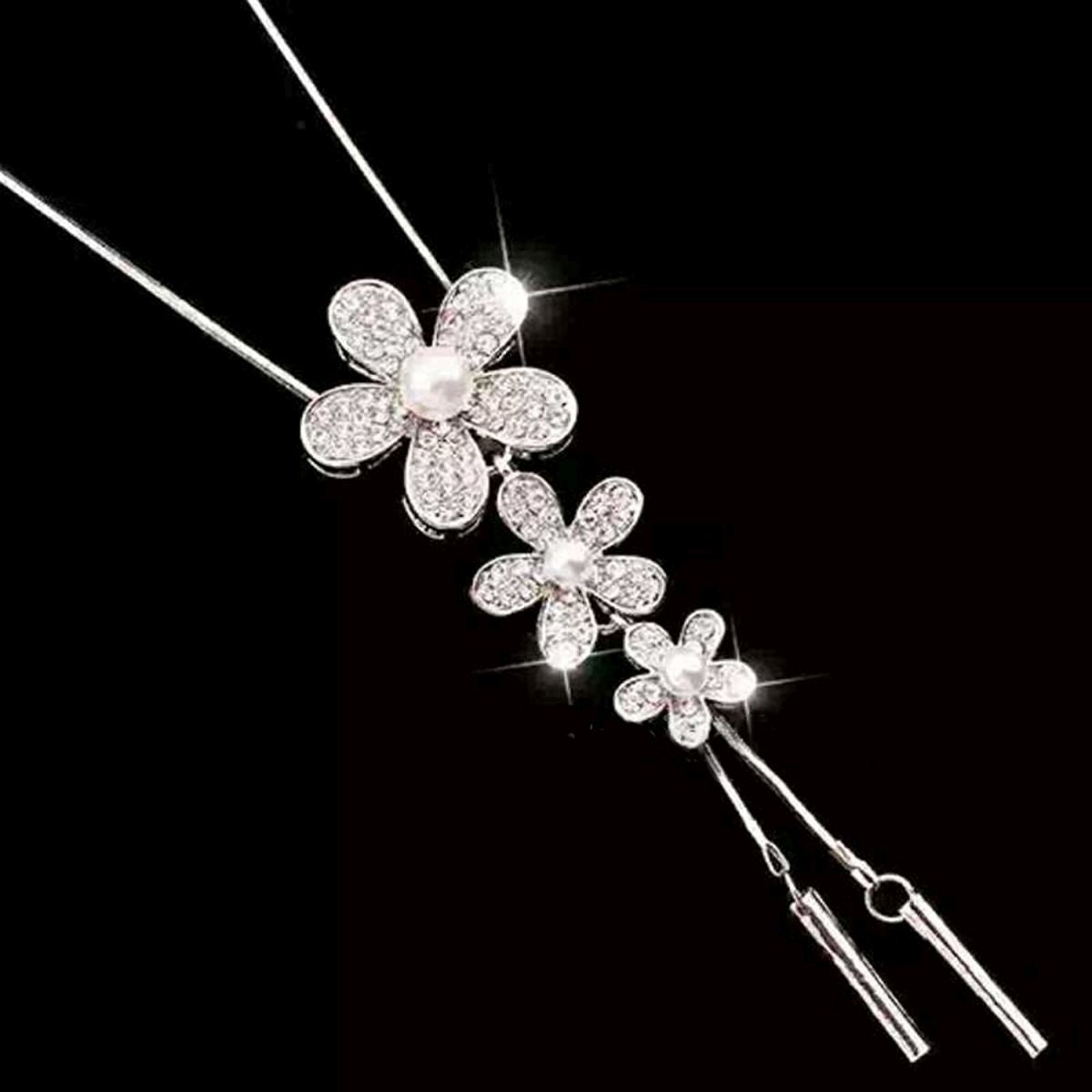 Flower Pearl Cz Silver Western Dress Wear Sweater Long Chain Necklace Main image