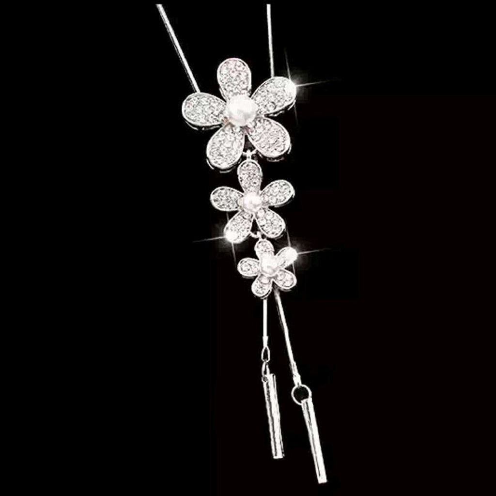 Flower Pearl Cz Silver Western Dress Wear Sweater Long Chain Necklace