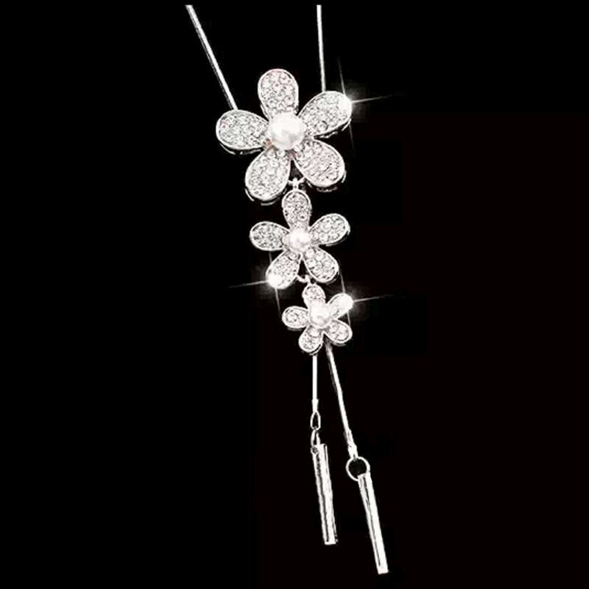 Flower Pearl Cz Silver Western Dress Wear Sweater Long Chain Necklace