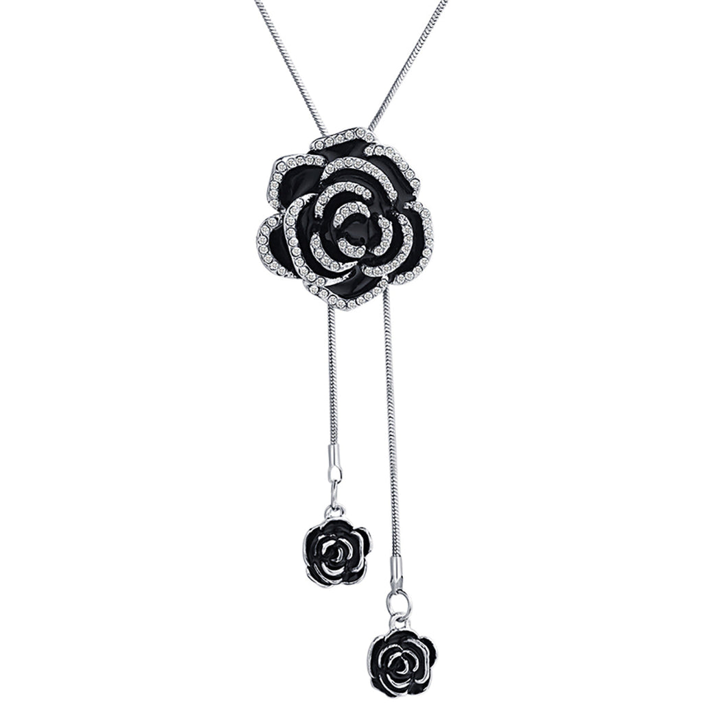 Rose Flower Black Silver Western Dress Party Sweater Necklace Bulk
