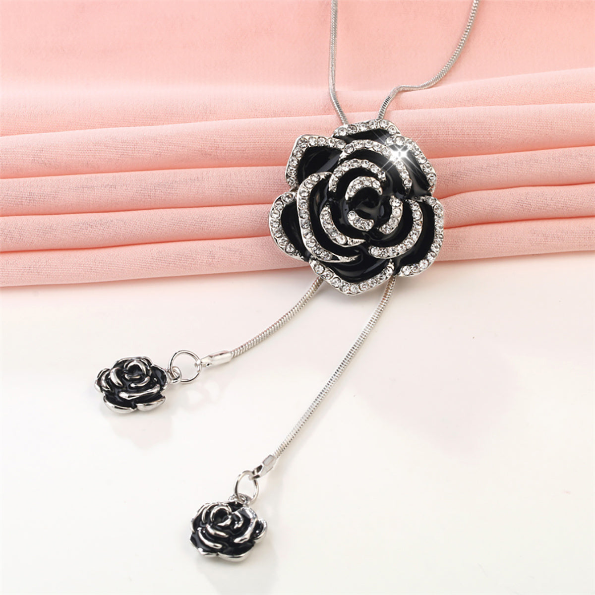 Rose Flower Black Silver Western Dress Party Sweater Necklace Bulk Main image