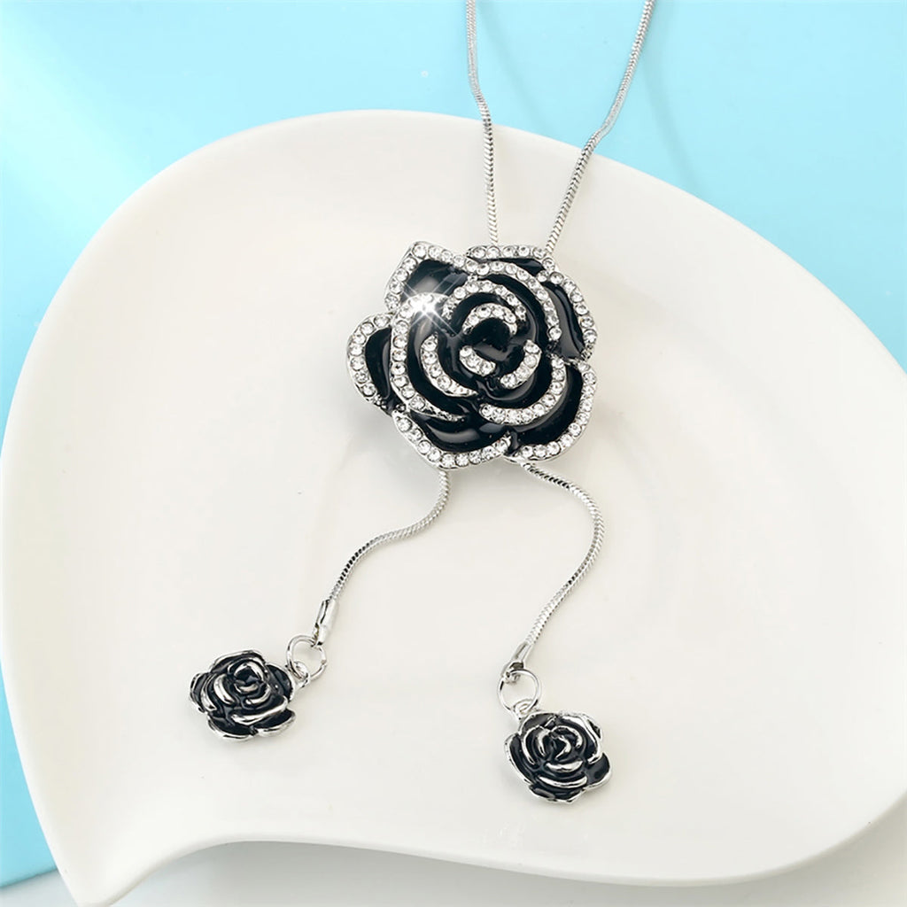 Rose Flower Black Silver Western Dress Party Sweater Necklace Bulk