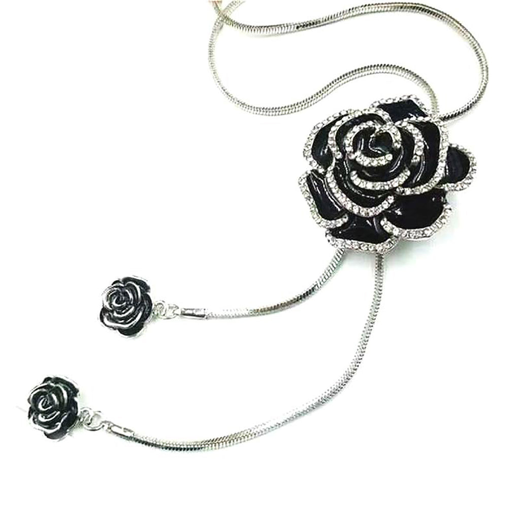 Rose Flower Black Silver Western Dress Party Sweater Necklace Bulk