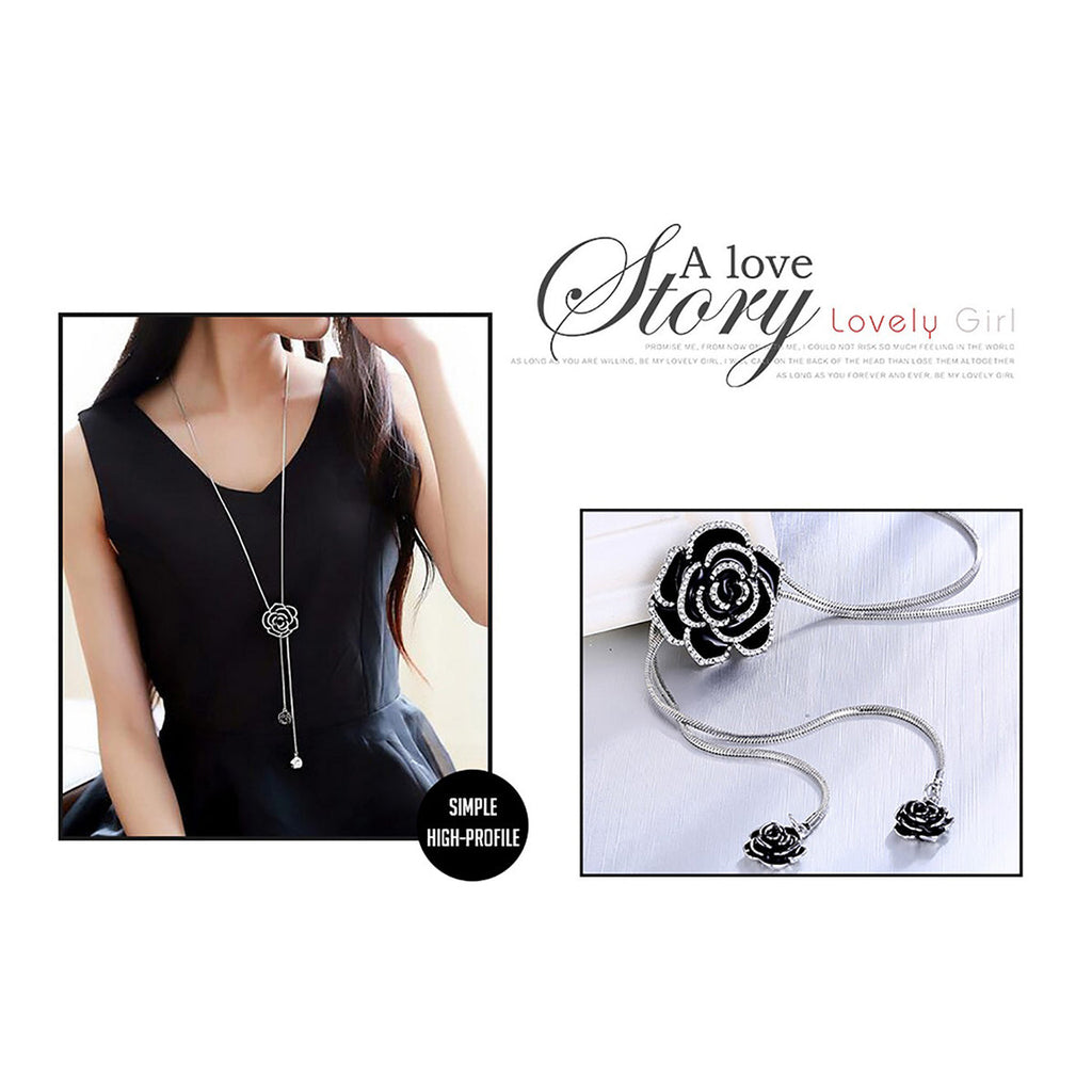 Rose Flower Black Silver Western Dress Party Sweater Necklace Bulk