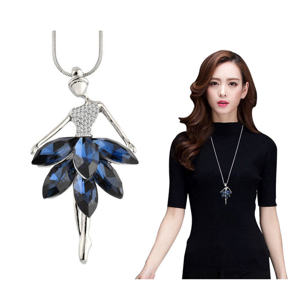 Dancing Doll Crystal Blue Silver Western Party Sweater Chain Necklace Secondary image