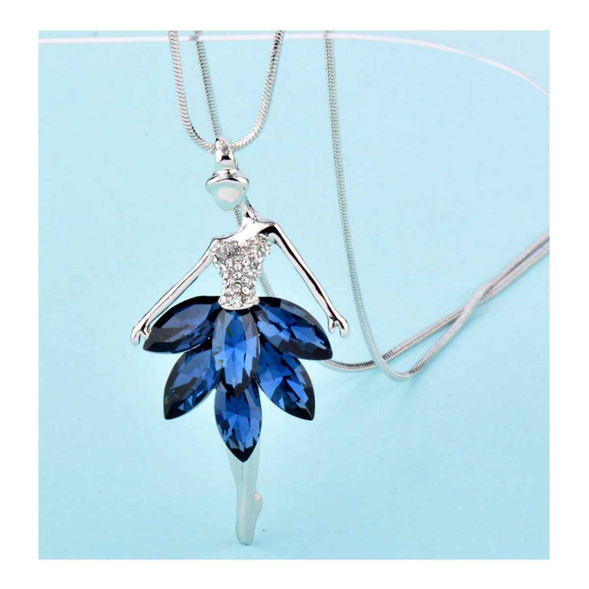 Dancing Doll Crystal Blue Silver Western Party Sweater Chain Necklace Main image