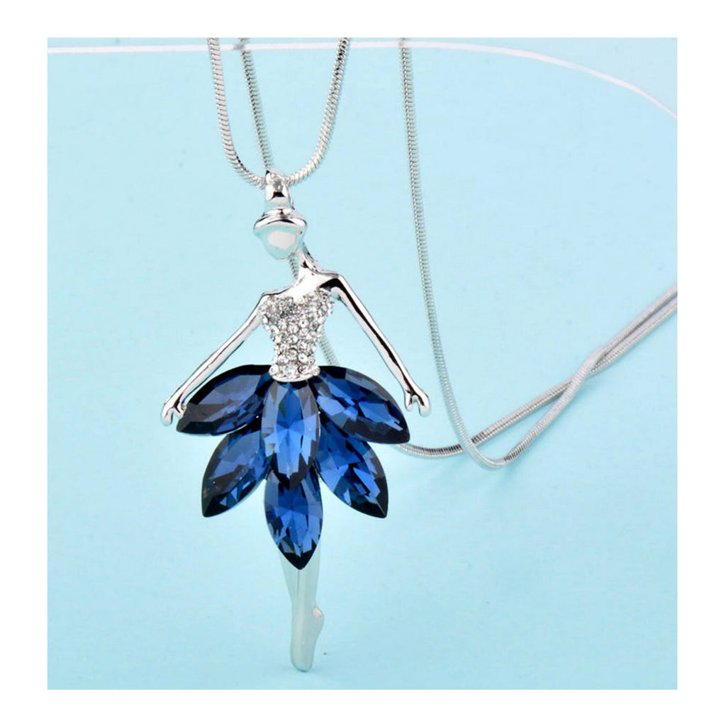 Dancing Doll Crystal Blue Silver Western Party Sweater Chain Necklace