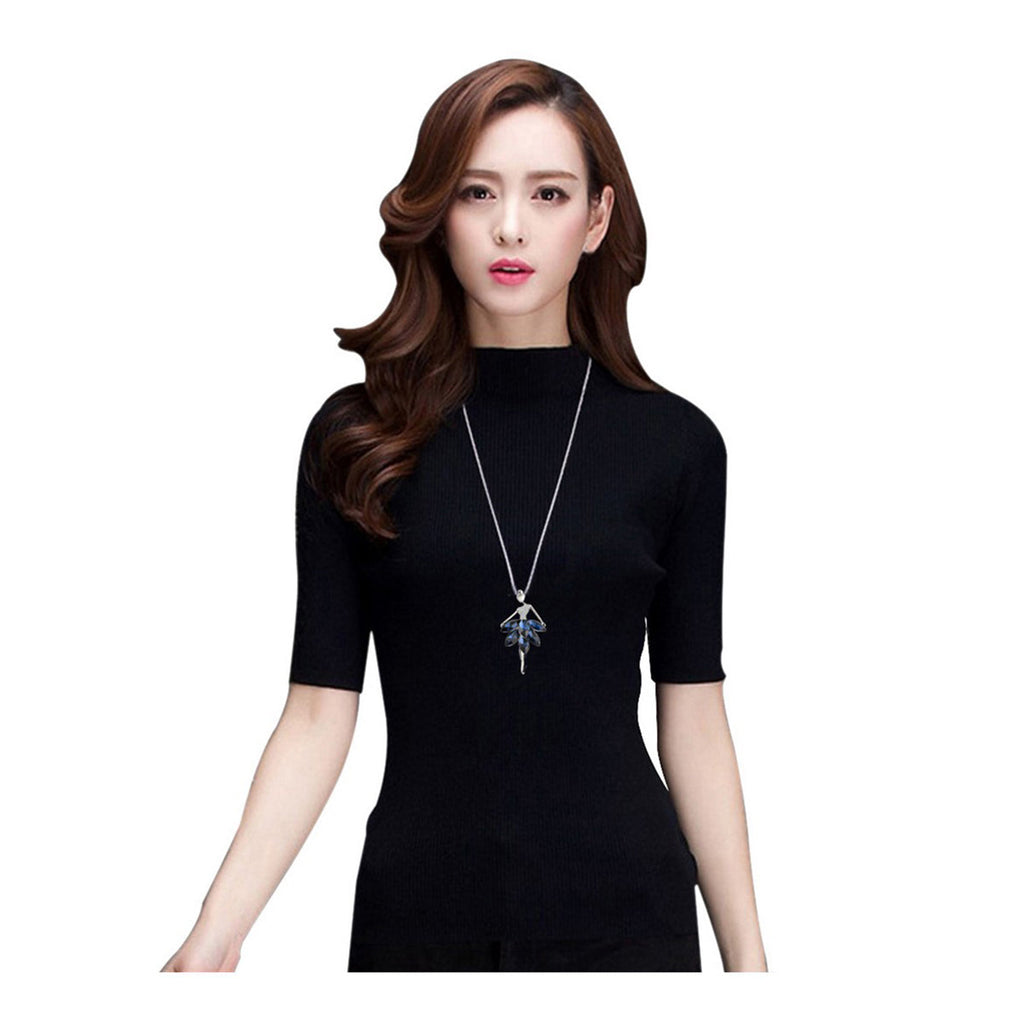 Dancing Doll Crystal Blue Silver Western Party Sweater Chain Necklace