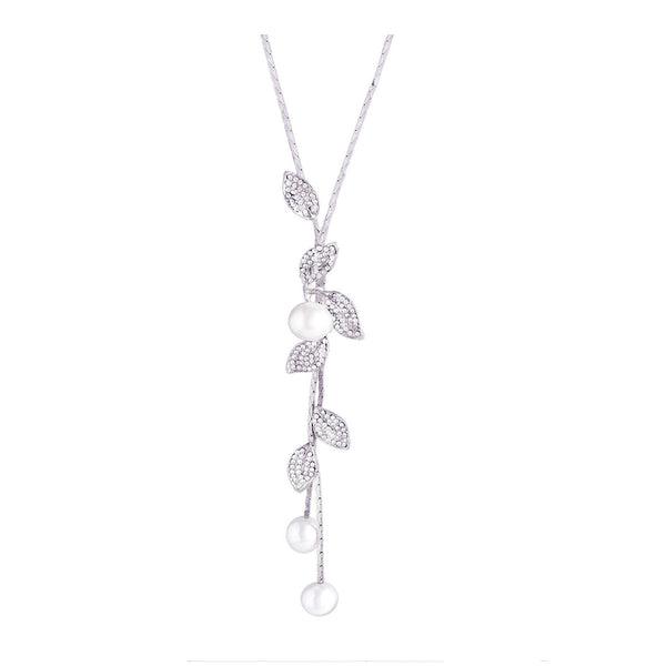 Leaf Plant Pearl Cz Silver Western Party Sweater Long Chain Necklace Secondary image
