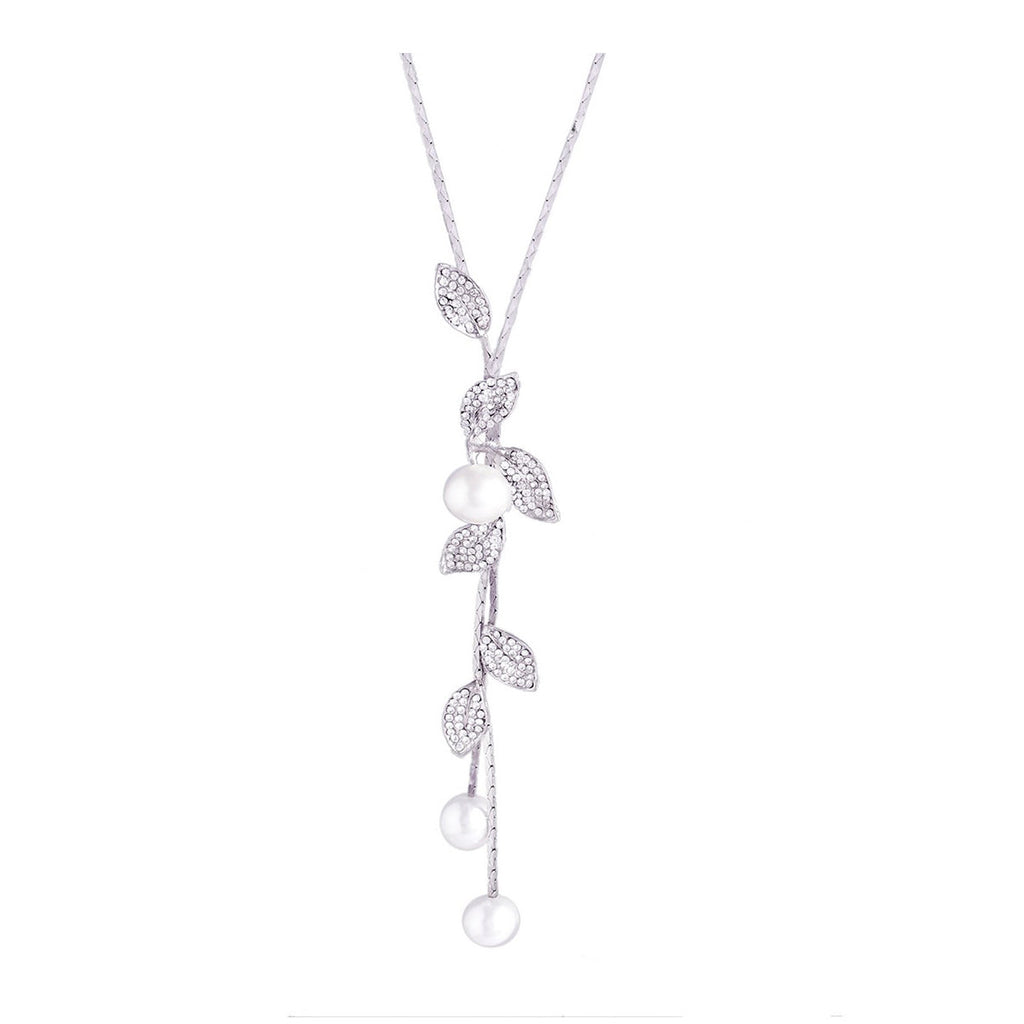 Leaf Plant Pearl Cz Silver Western Party Sweater Long Chain Necklace