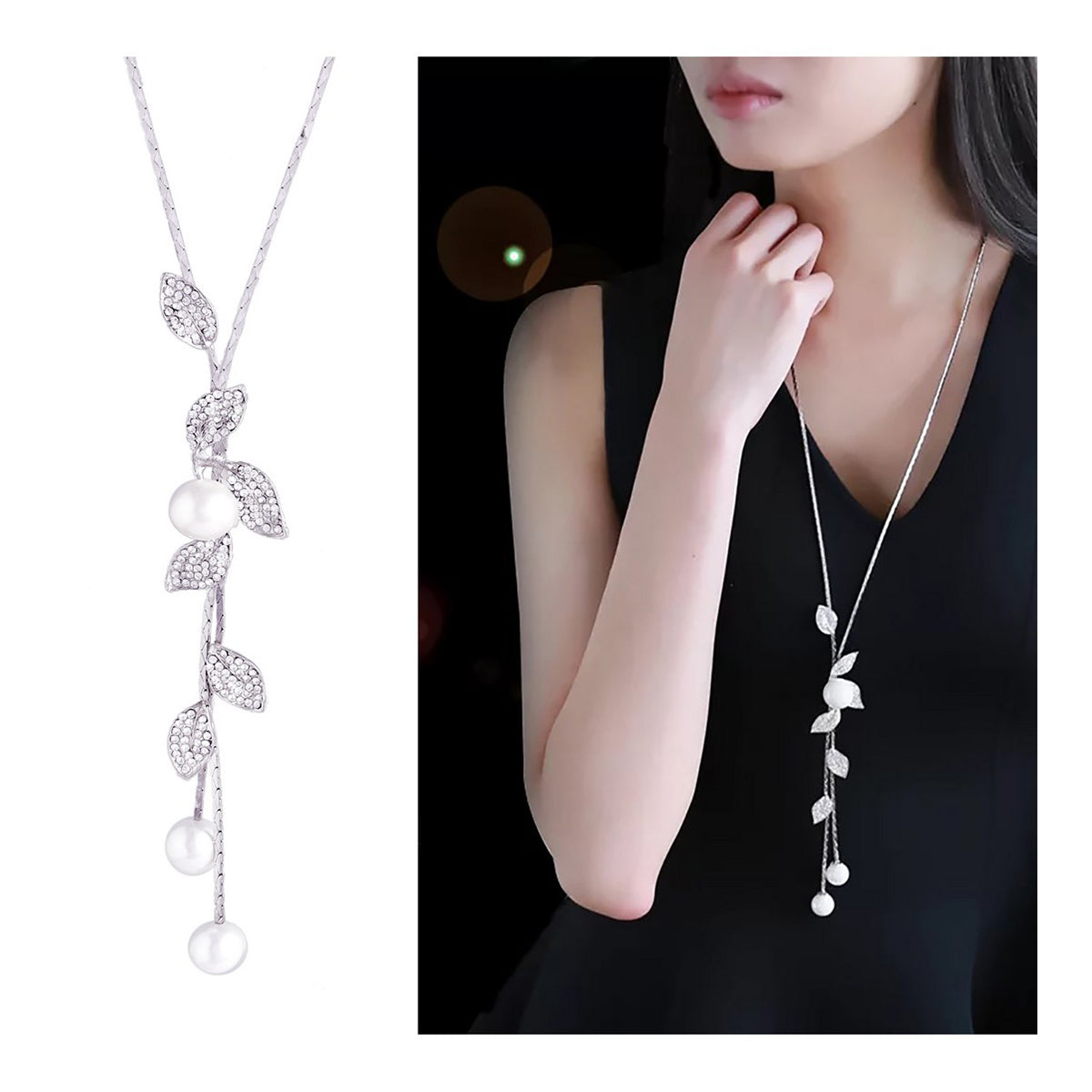 Leaf Plant Pearl Cz Silver Western Party Sweater Long Chain Necklace