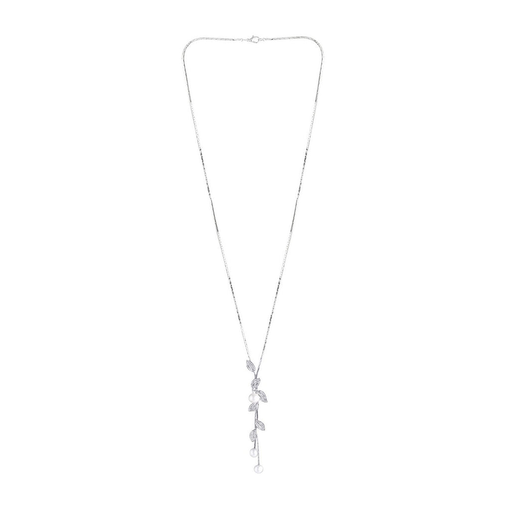 Leaf Plant Pearl Cz Silver Western Party Sweater Long Chain Necklace