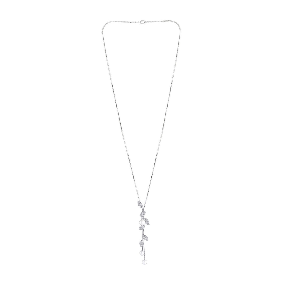 Leaf Plant Pearl Cz Silver Western Party Sweater Long Chain Necklace