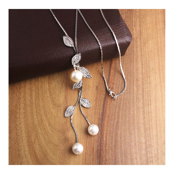 Leaf Plant Pearl Cz Silver Western Party Sweater Long Chain Necklace Main image