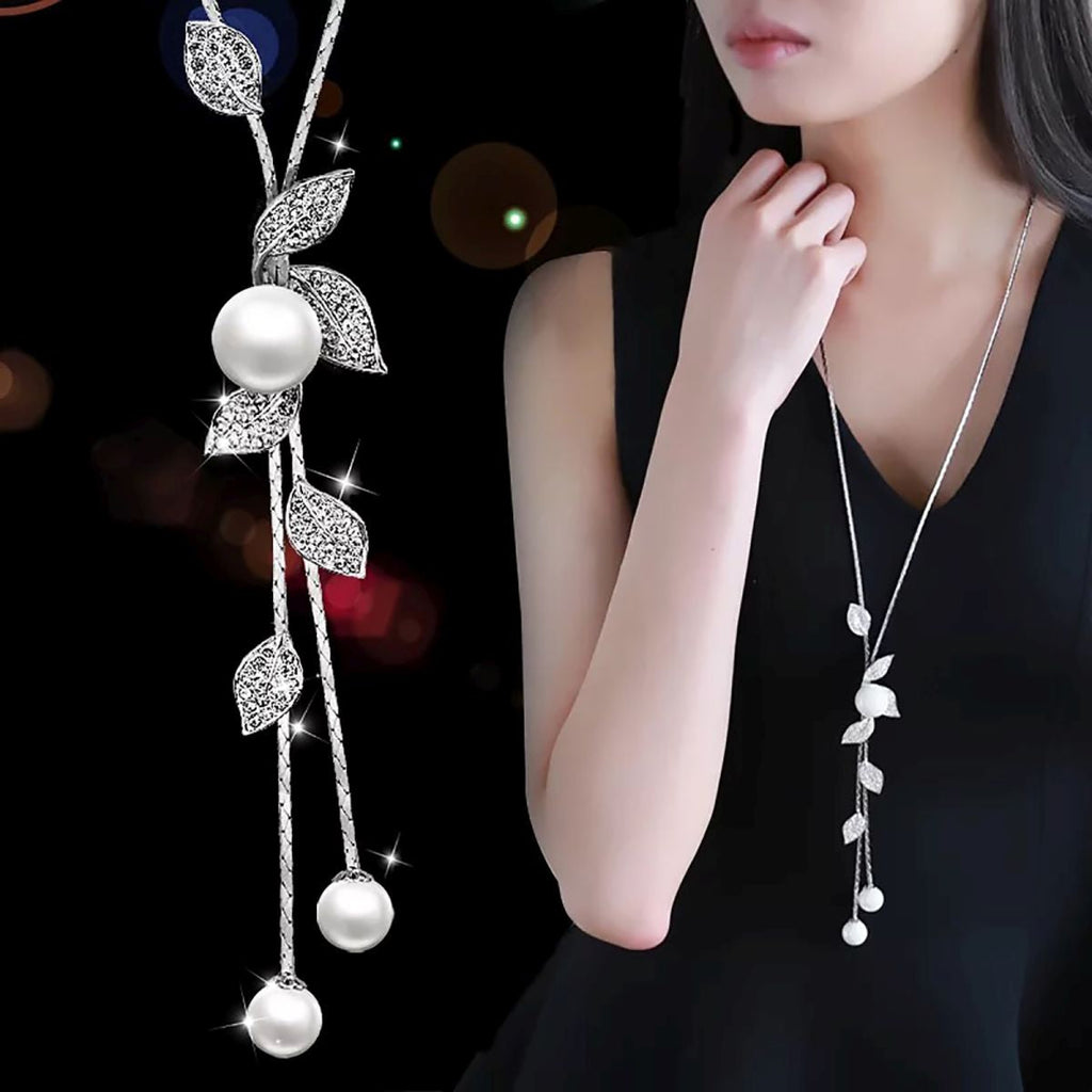 Leaf Plant Pearl Cz Silver Western Party Sweater Long Chain Necklace