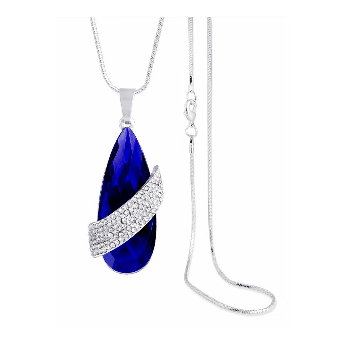Italian Crystal American Diamond Blue Silver Sweater Necklace Bulk