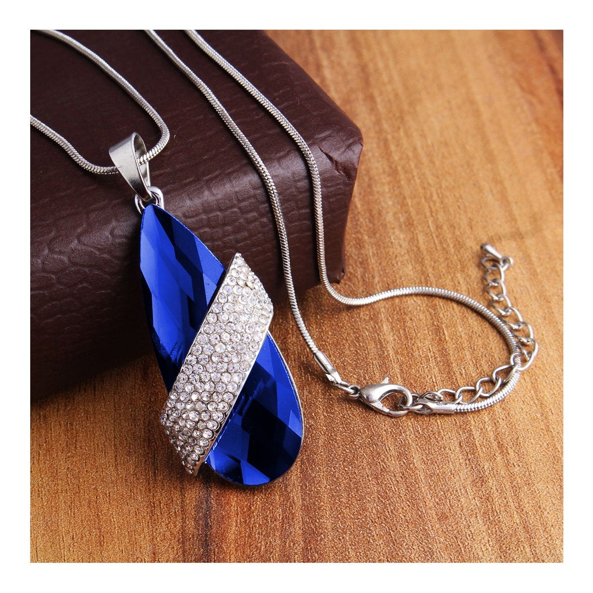 Italian Crystal American Diamond Blue Silver Sweater Necklace Bulk Main image