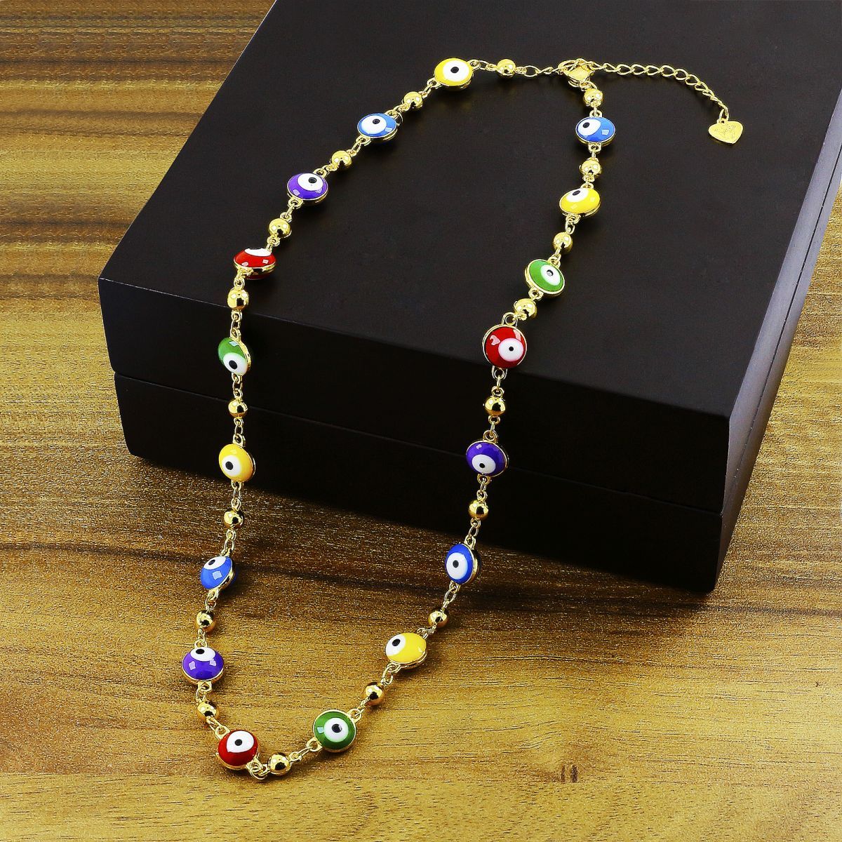 Turkish Multi Colour Evil Eye Gold Enamel Beads Necklace Chain Bulk Main image