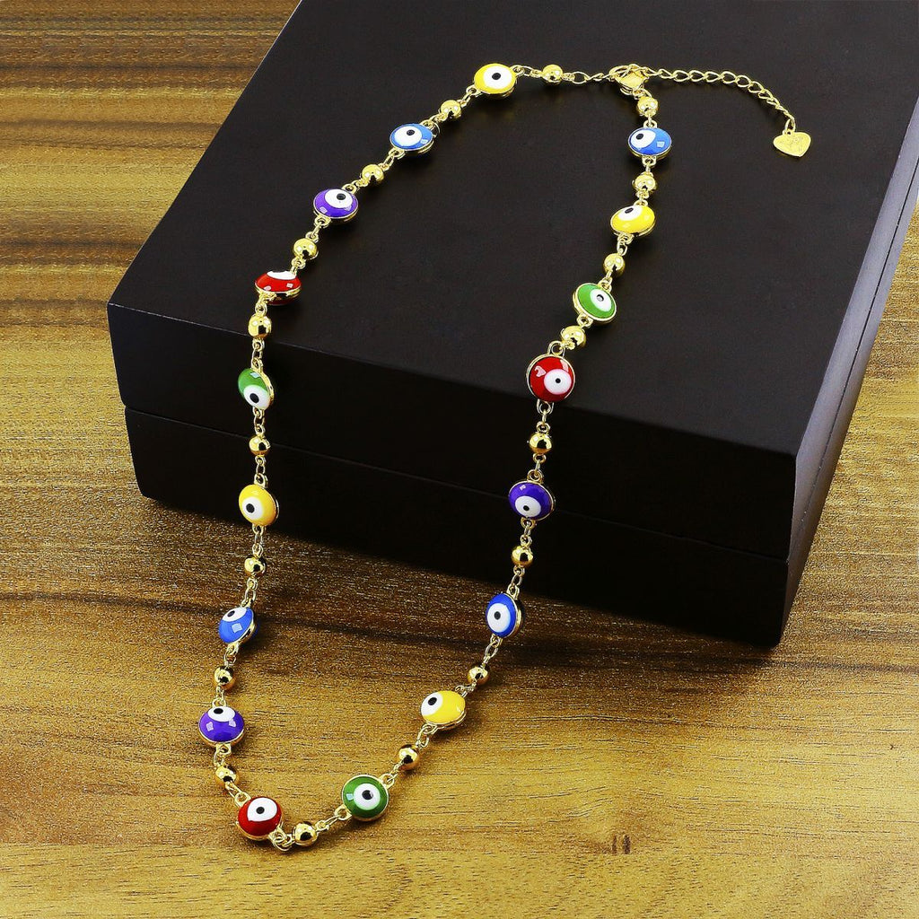 Turkish Multi Colour Evil Eye Gold Enamel Beads Necklace Chain Bulk