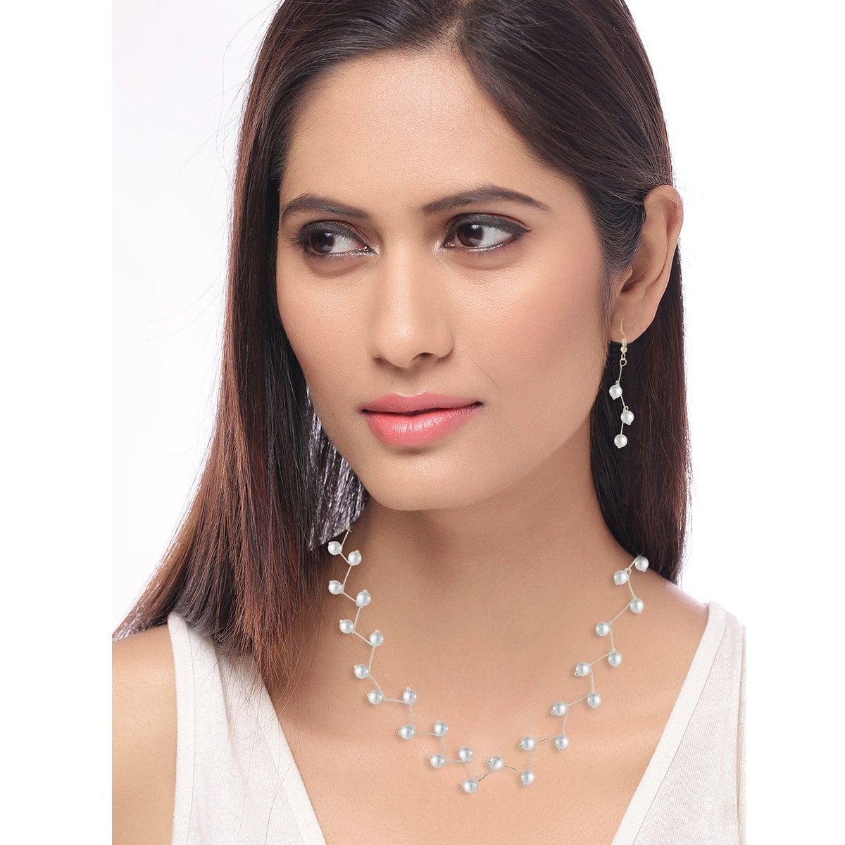 Pearl Link Chain Pearl Silver Plated Brass Choker Necklace Earring Set Girls Women