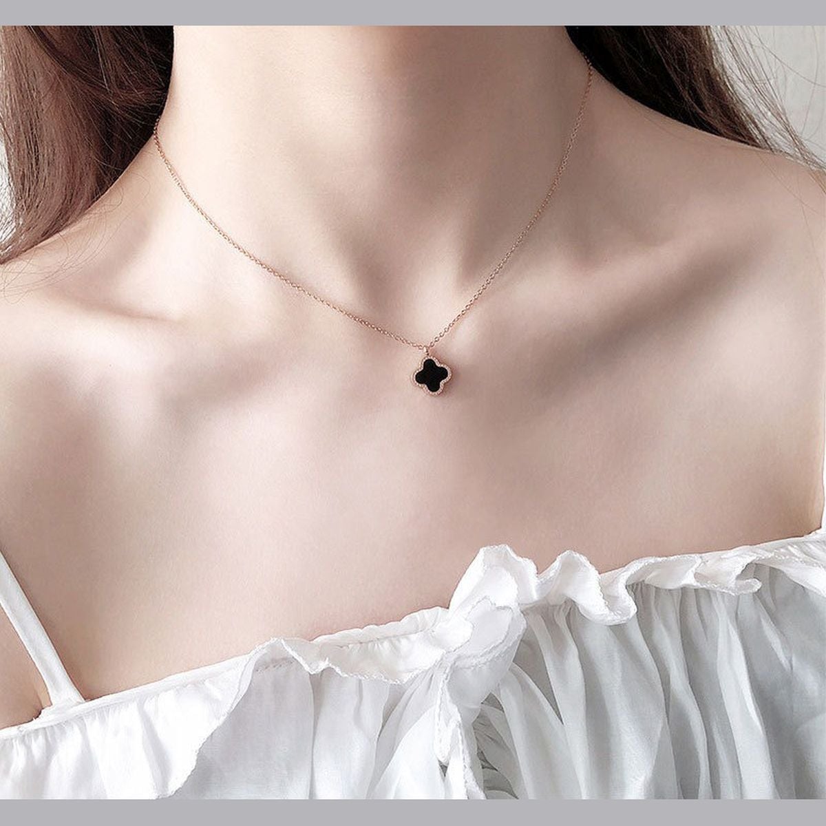 Clover Flower Black White Rose Gold Slim Stainless Steel Necklace Pendant Chain For Women
