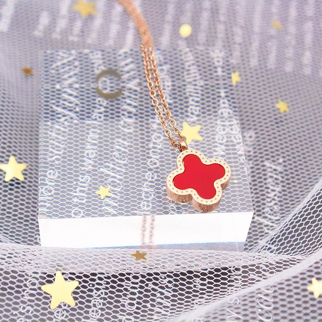 Clover Flower Black Red Rose Gold Slim Stainless Steel Necklace Pendant Chain For Women