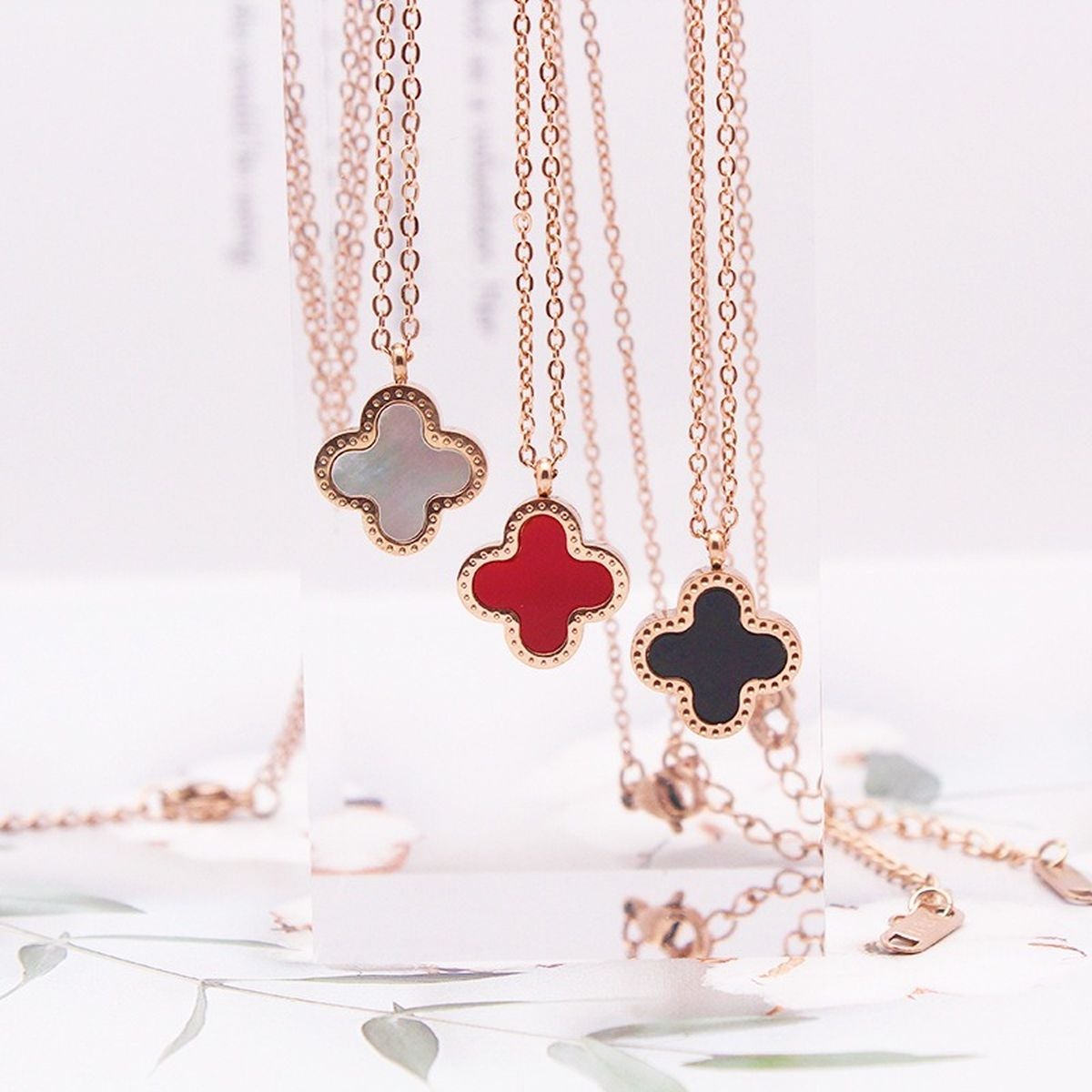 Clover Flower Black Red Rose Gold Slim Stainless Steel Necklace Pendant Chain For Women