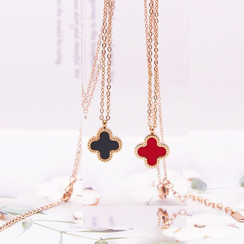 Clover Flower Black Red Rose Gold Slim Stainless Steel Necklace Pendant Chain For Women