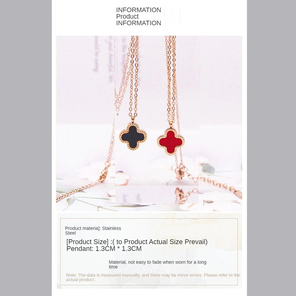 Clover Flower Black Red Rose Gold Slim Stainless Steel Necklace Pendant Chain For Women