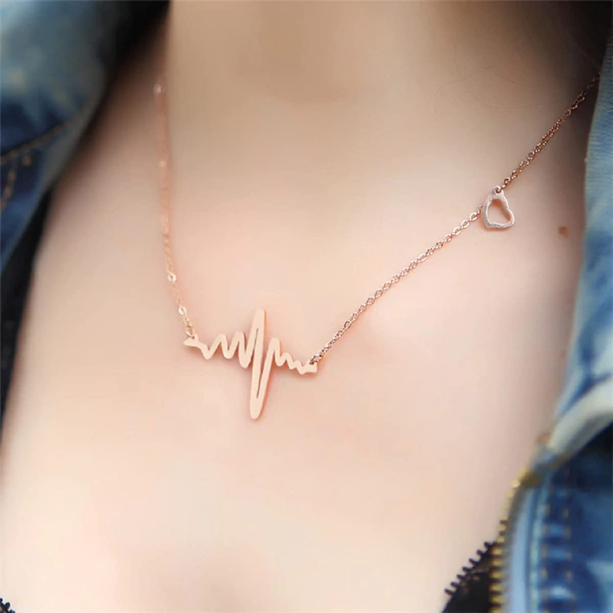 Lightning Heart Beat Rose Gold Slim Stainless Steel Necklace Pendant Chain For Women