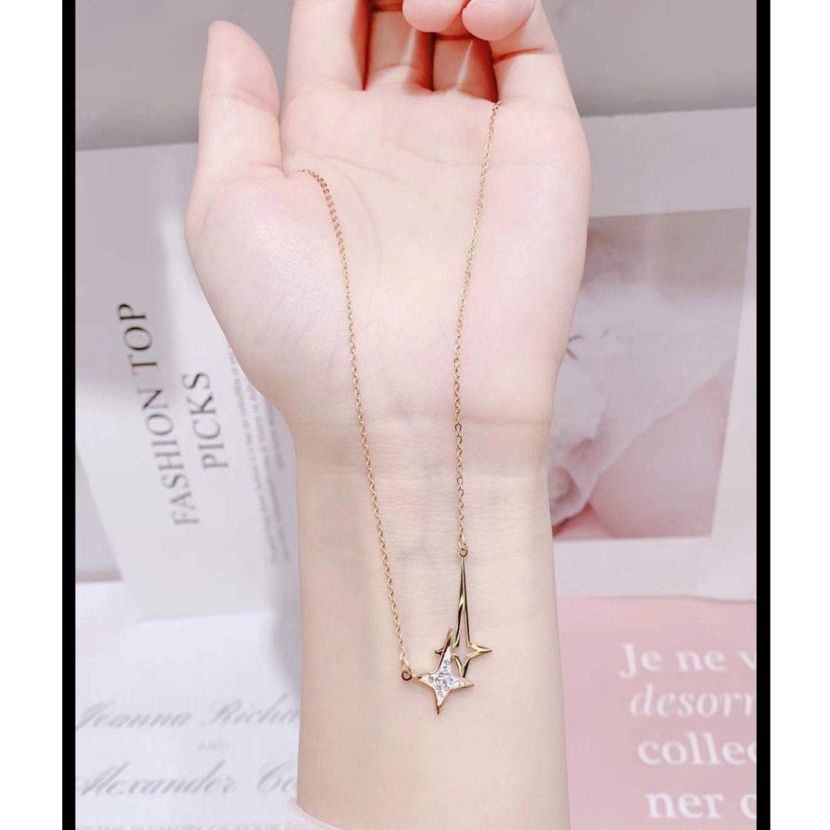 Star Dual Rose Gold CZ Stainless Steel Necklace Pendant Chain Bulk