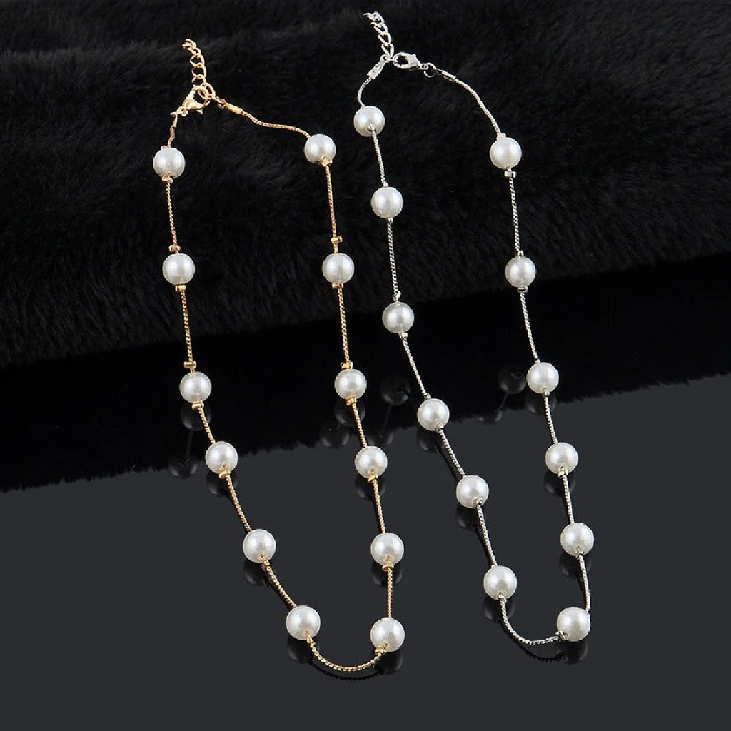 Round Pearl Gold Choker Stainless Steel Necklace Chain For Women Bulk