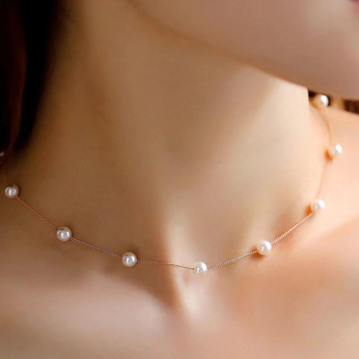 Round Pearl Gold Choker Stainless Steel Necklace Chain For Women Bulk