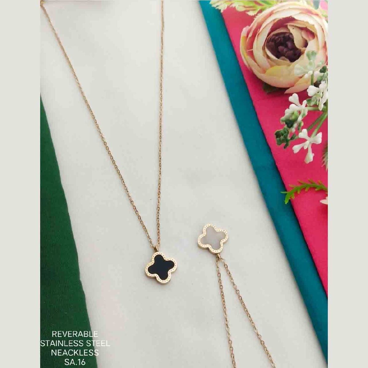Clover Flower Black White Rose Gold Stainless Steel Necklace Pendant Chain Women Secondary image