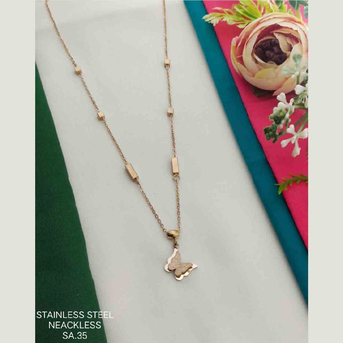 Butterfly Square Rectangle Rose Gold Stainless Steel Necklace Pendant Chain Women