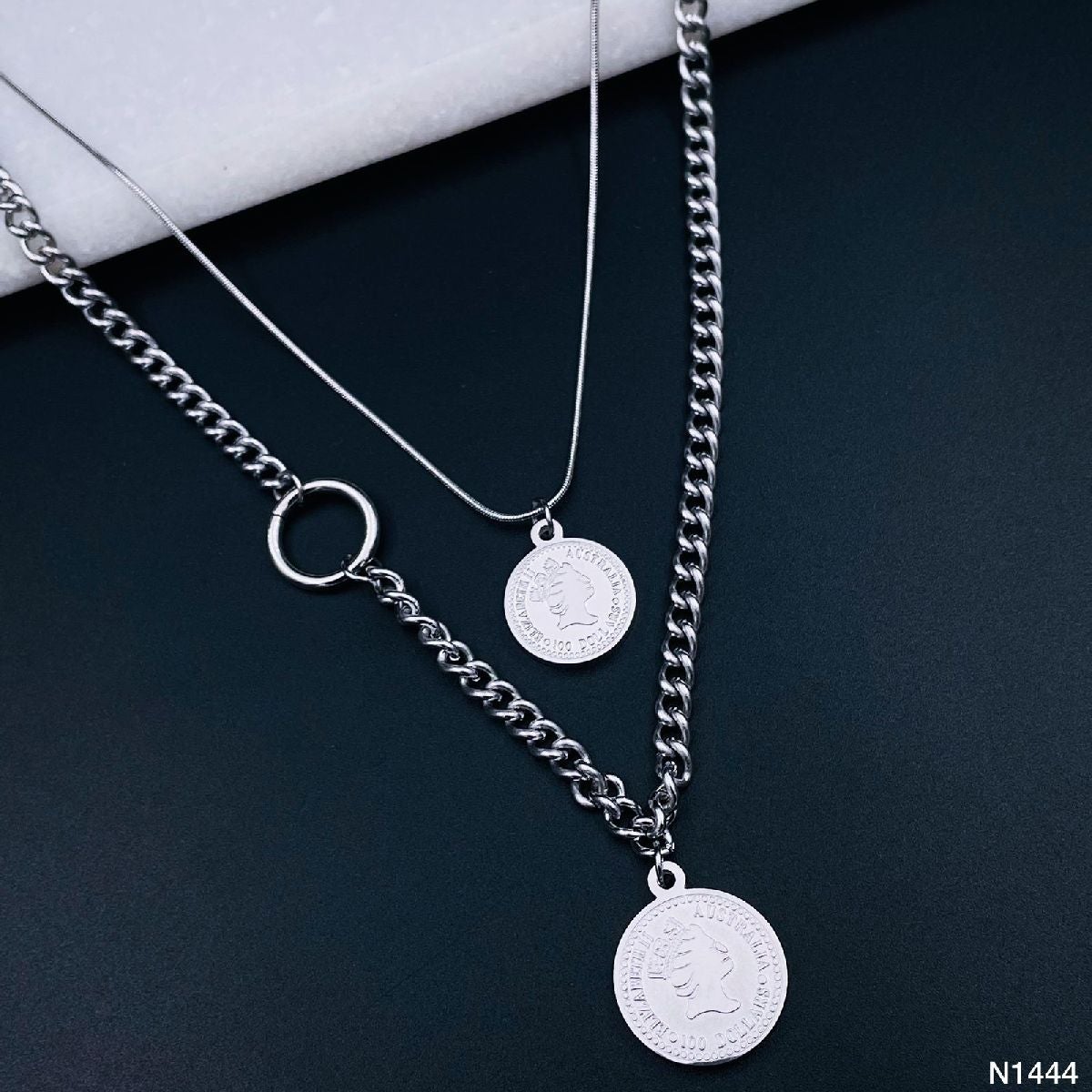 Stainless Steel Silver Layered Coin Necklace Pendant Chain Women Bulk