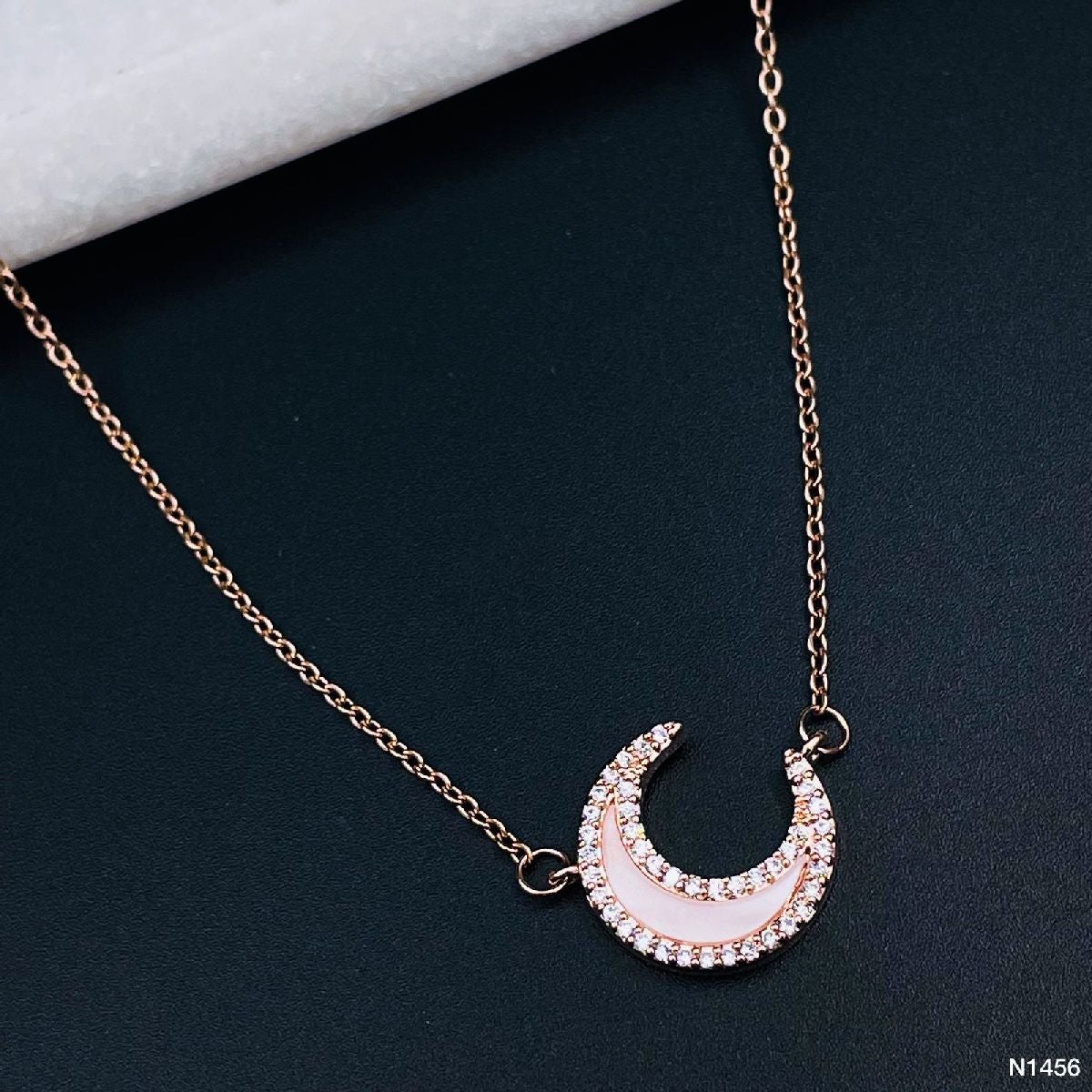 Crescent Moon Stainless Steel Rose Gold CZ Necklace Chain Bulk Main image