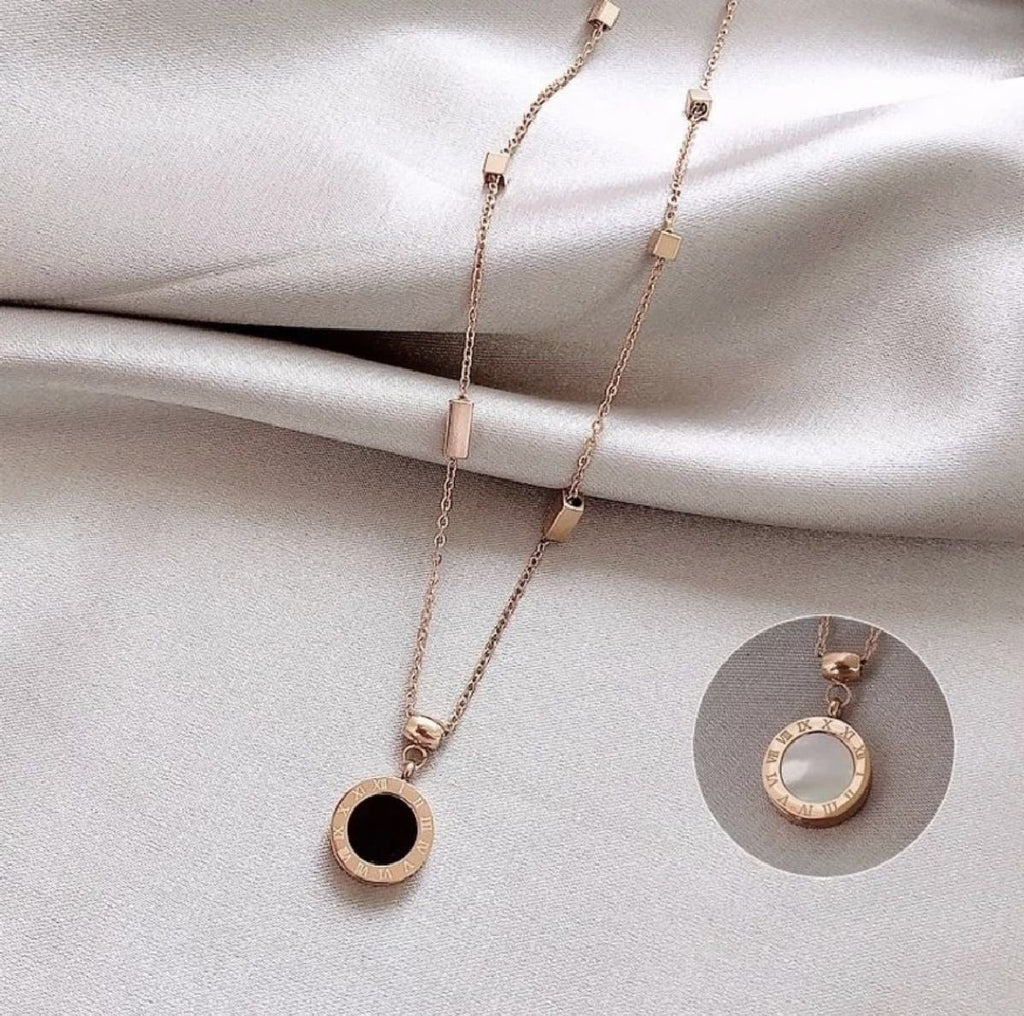 Roman Black White Rose Gold Stainless Steel Necklace Pendant Chain Women