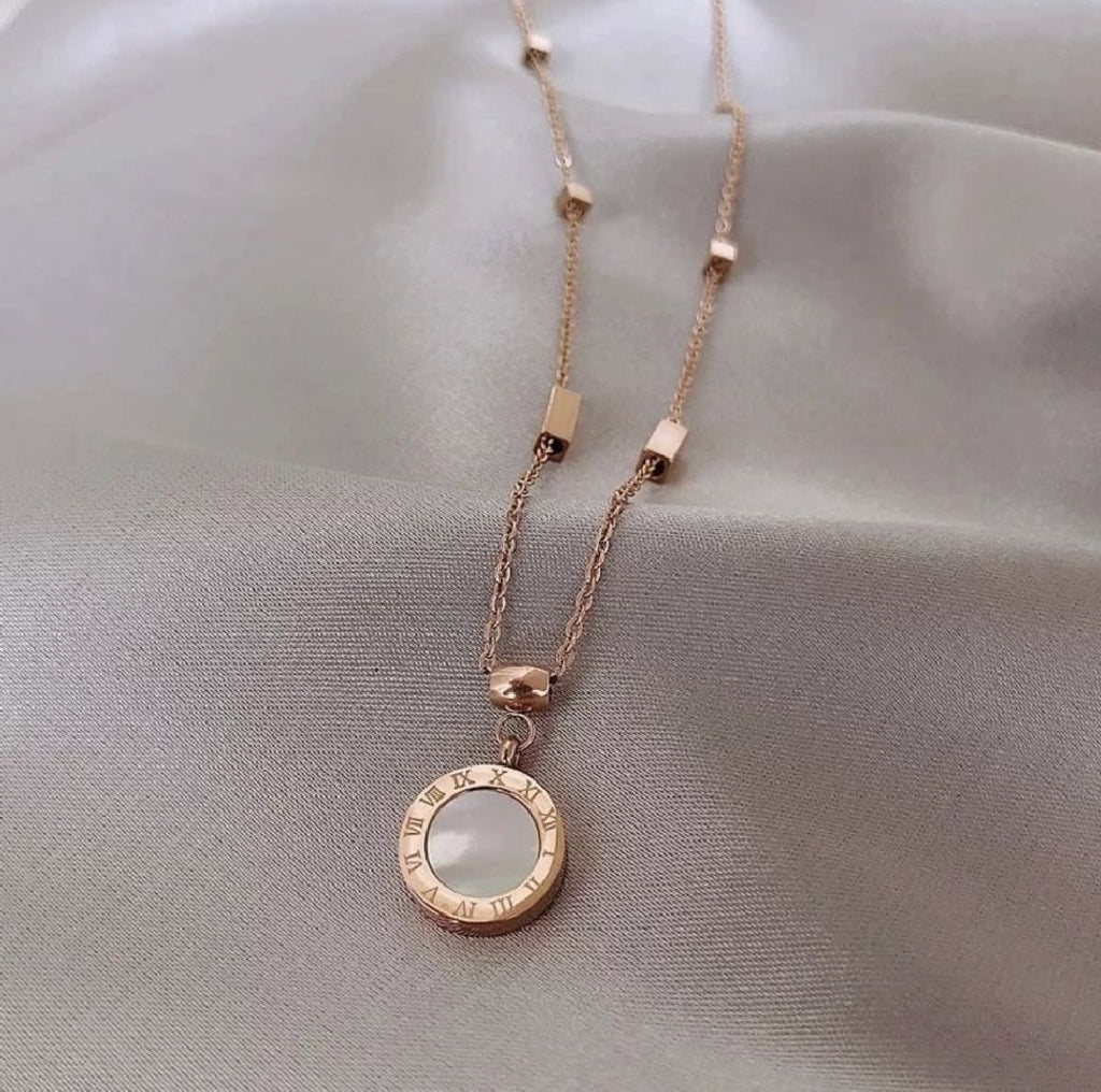 Roman Black White Rose Gold Stainless Steel Necklace Pendant Chain Women
