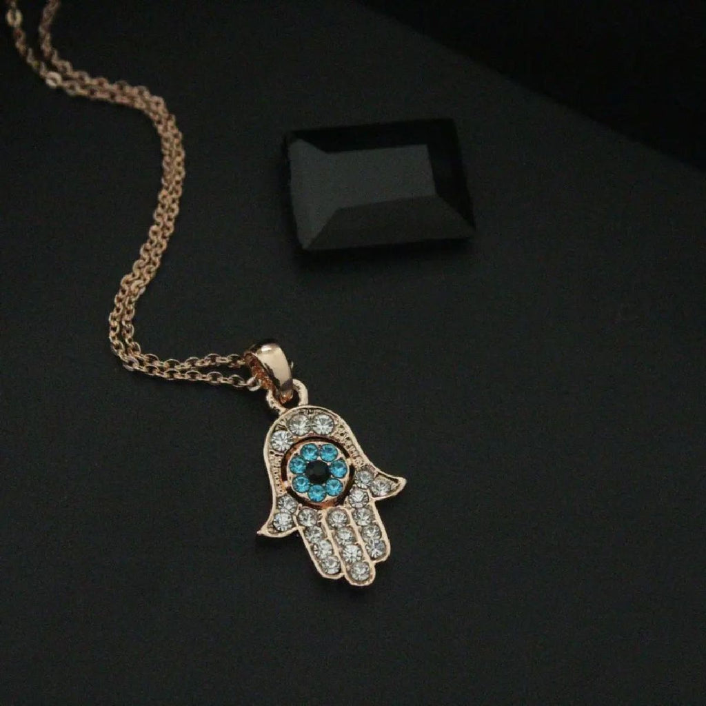 Copper Rose Gold Cubic Zirconia Hamsa Evil Eye Pendant Chain Bulk