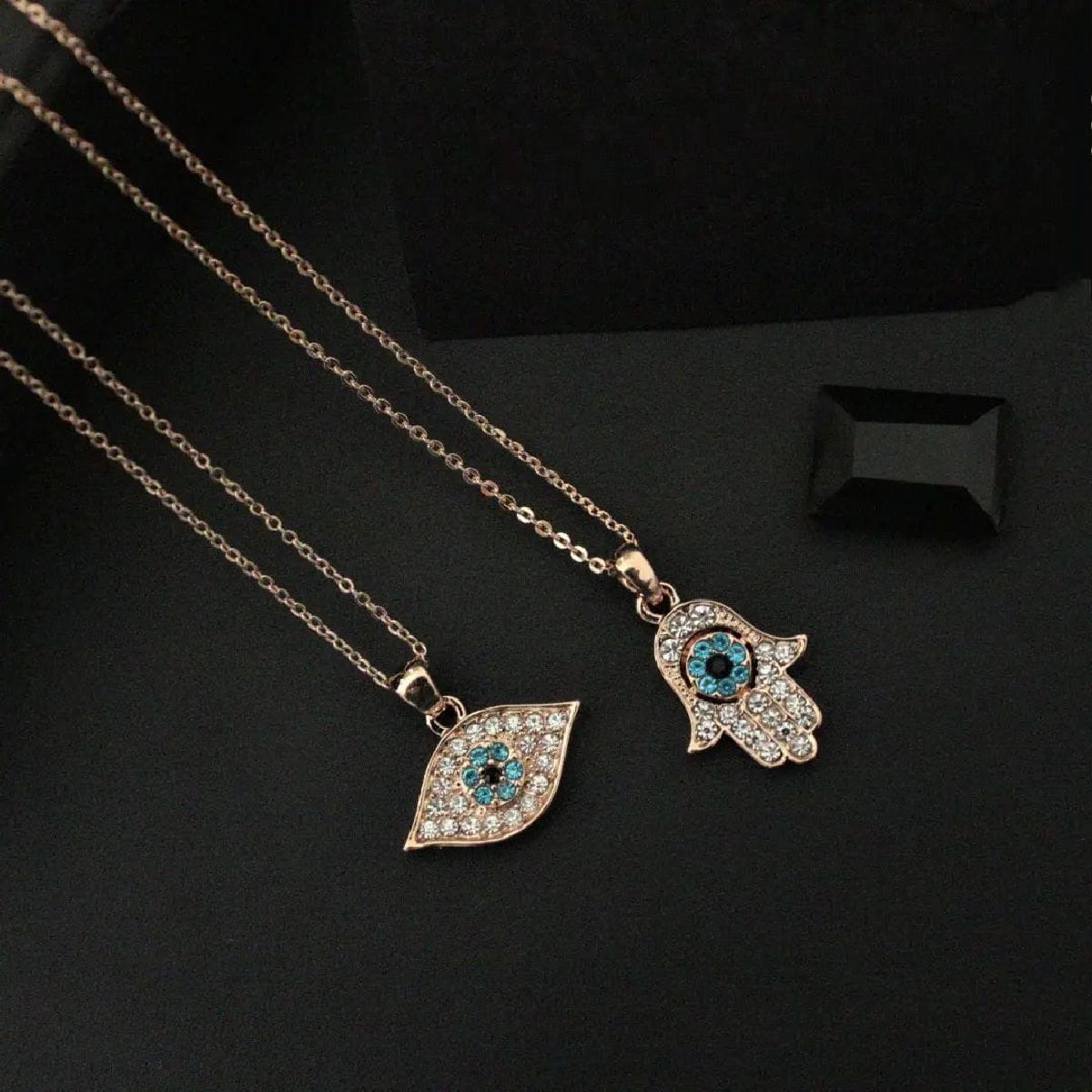 Copper Rose Gold Cubic Zirconia Hamsa Evil Eye Pendant Chain Bulk