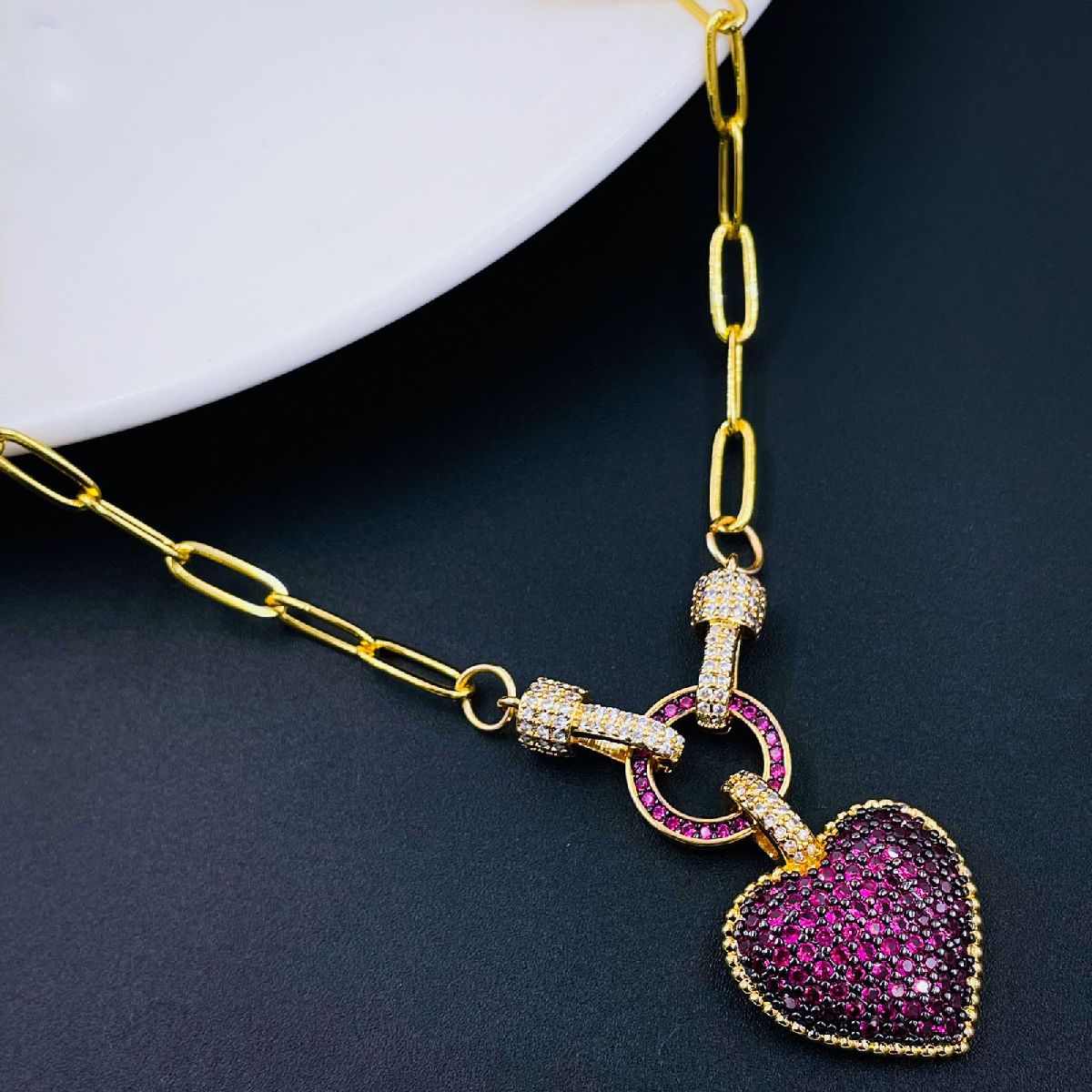 Love Heart Cubic Zirconia 18K Gold Copper Links Chain Necklace Bulk