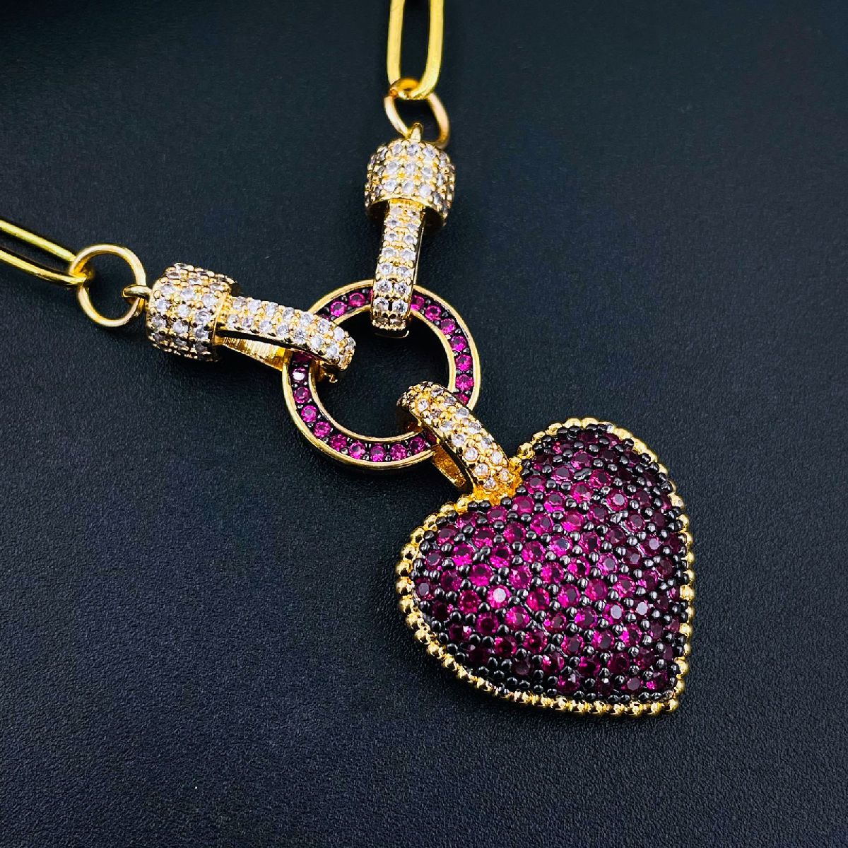 Love Heart Cubic Zirconia 18K Gold Copper Links Chain Necklace Bulk