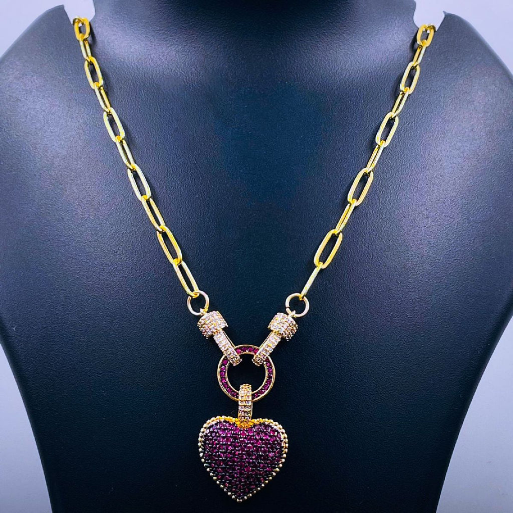 Love Heart Cubic Zirconia 18K Gold Copper Links Chain Necklace Bulk