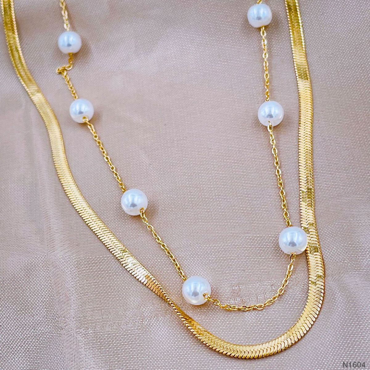 Dual Layer Pearl 18K Gold Stainless Steel Snake Necklace Chain Bulk
