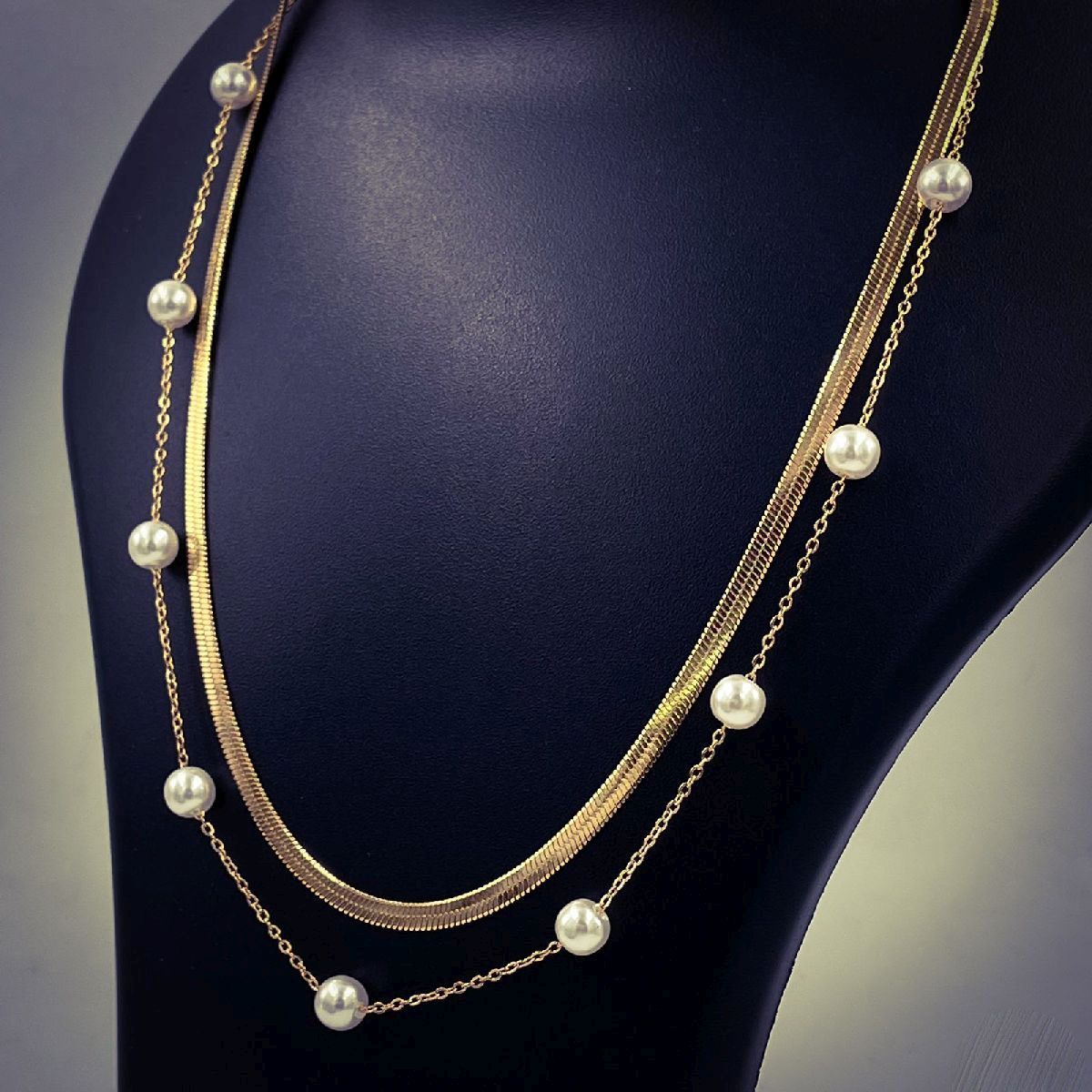 Dual Layer Pearl 18K Gold Stainless Steel Snake Necklace Chain Bulk