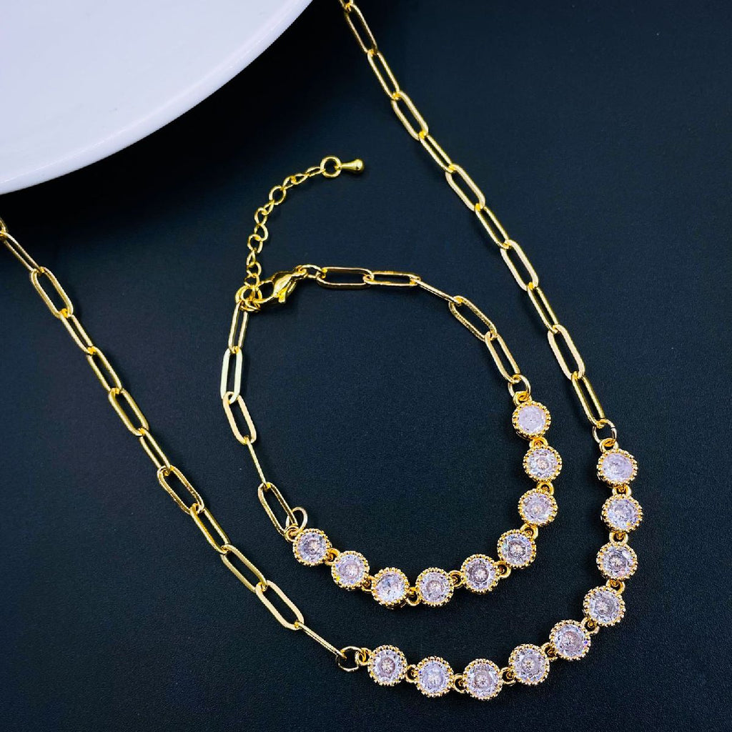 Bezel Heart CZ 18K Gold Links Chain Necklace Bracelet Combo Set Bulk