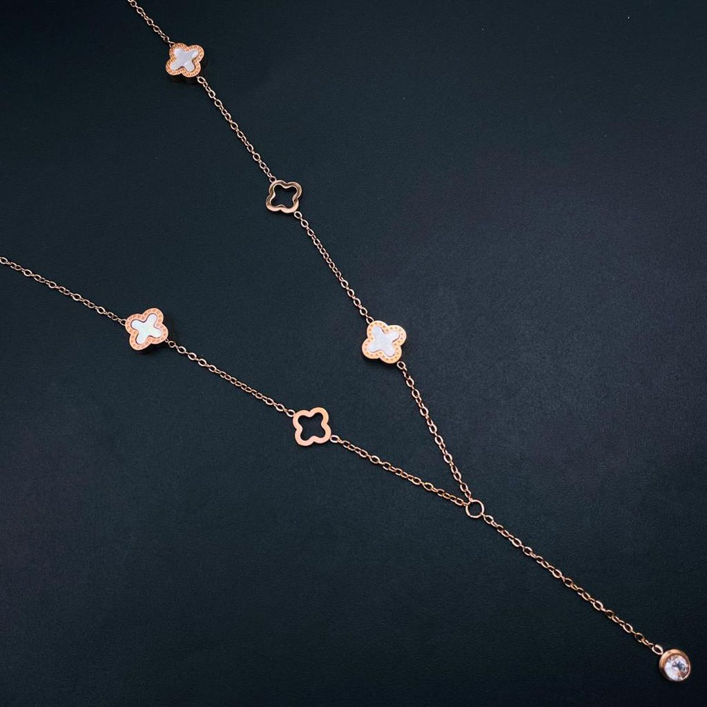 Black White Clover Flower Rose Gold Stainless Steel Y Necklace Bulk